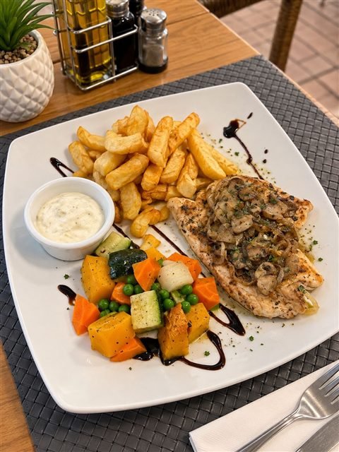Fish, chips and vegetables